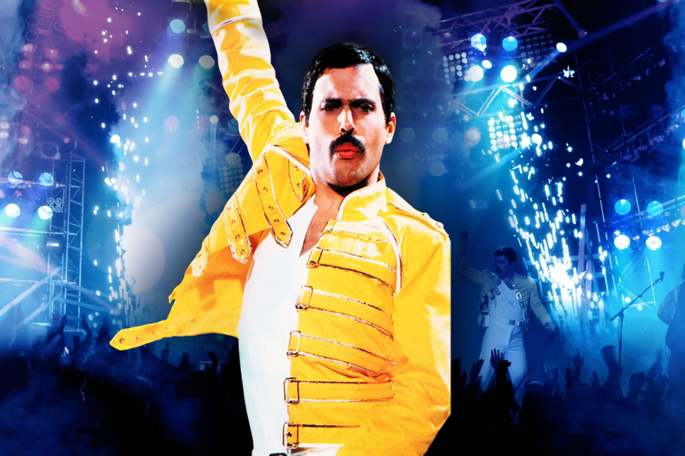 Show art for Killer Queen featuring a Freddie Mercury impersonator against a painted backdrop