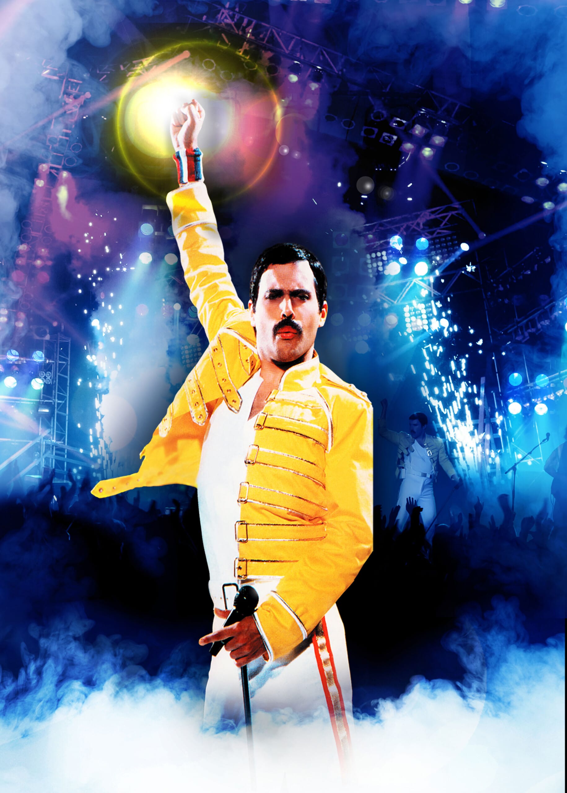 Show art for Killer Queen featuring a Freddie Mercury impersonator against a painted backdrop